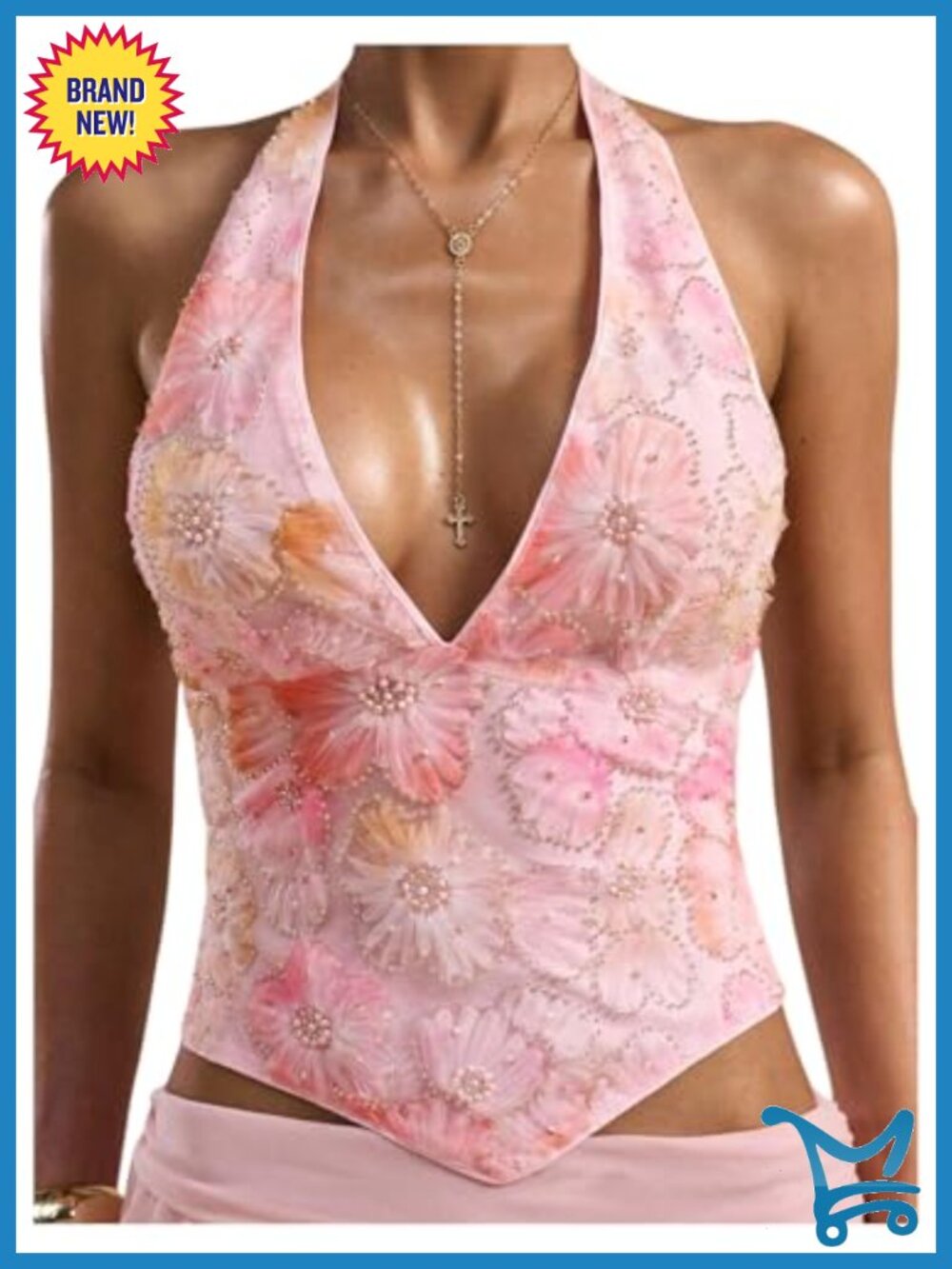 Y2K Floral Sequin Halter Top Beaded Tie Backless Sleeveless Summer Rave Outfit
